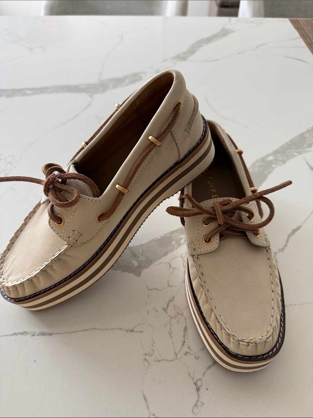 New!Tory Burch Joey flat form boat shoe in a condensed milk color. Size 6woman